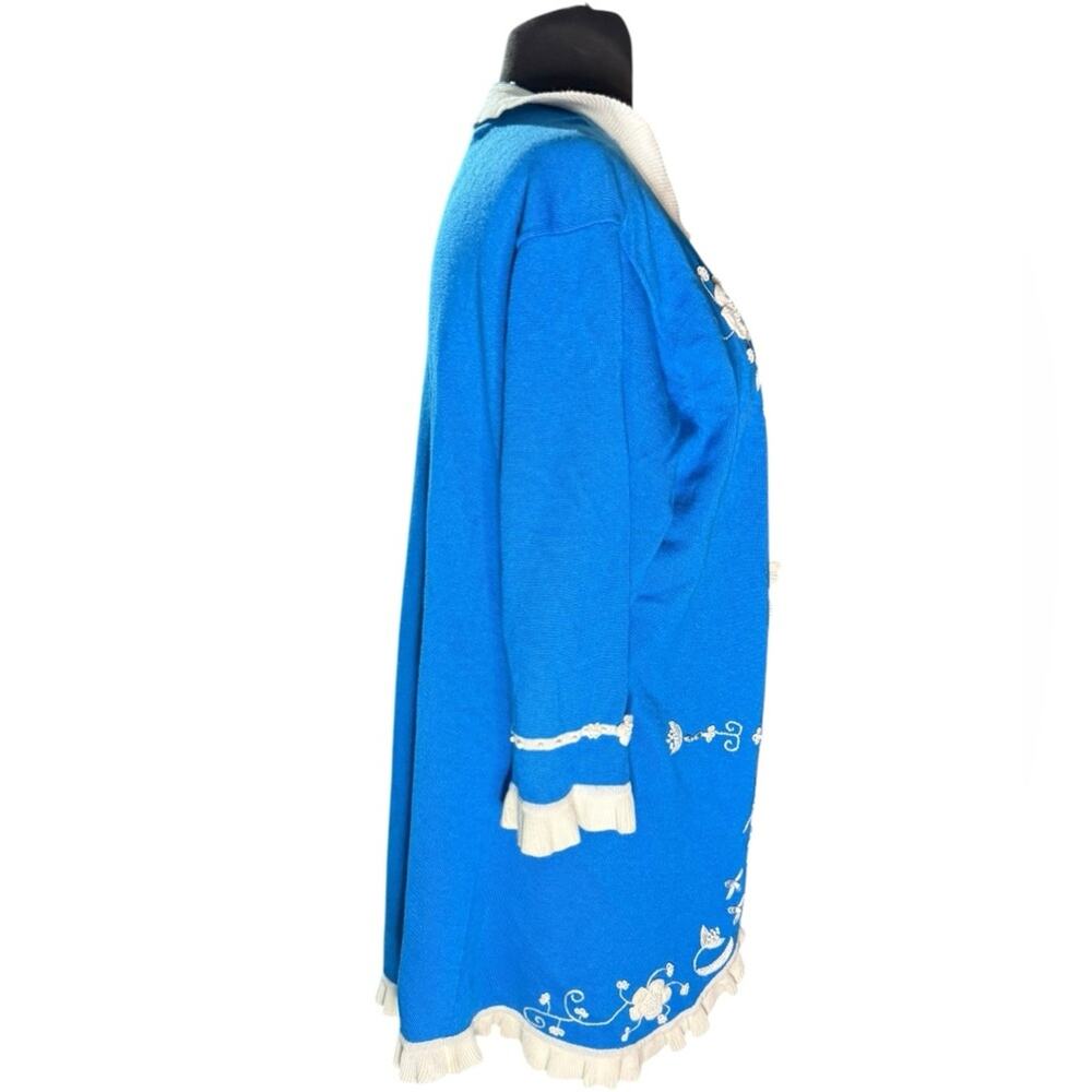 Blue Embroidered Ruffle-Trim Sweater Cardigan - Picture 4 of 6